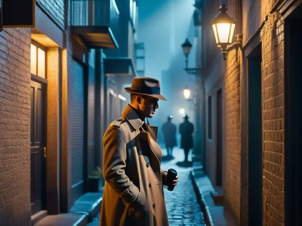 Un callejón sombrío al estilo Film Noir con un detective misterioso y la luz de la inteligencia artificial en detectives de cine