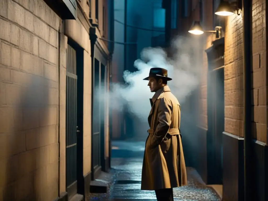 Un callejón sombrío en estilo Film Noir, con un solitario en sombrero y gabardina bajo una farola, reflejos en el pavimento mojado