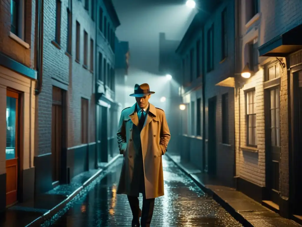 Un callejón sombrío en estilo noir, con figura misteriosa bajo la luz de farola