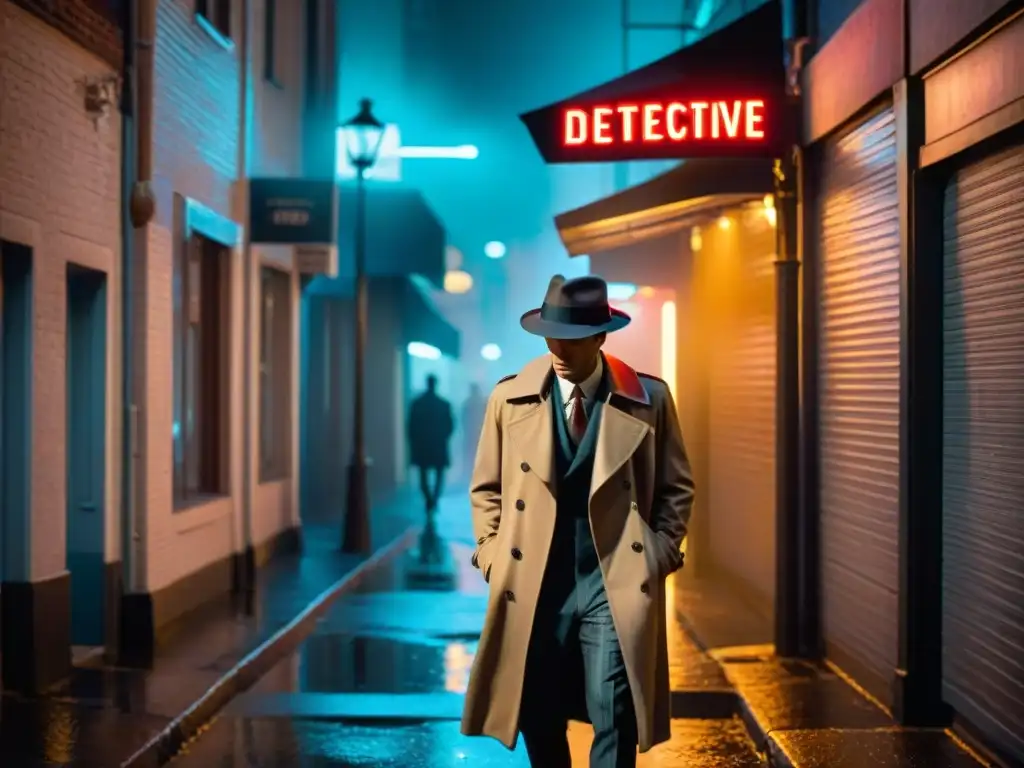 Un callejón sombrío bajo una farola parpadeante, con largas sombras en el suelo mojado