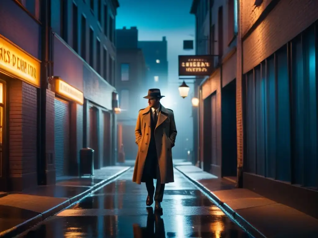 Noche de intriga: figura misteriosa en callejón oscuro Un callejón sombrío con una farola parpadeante proyectando largas sombras en el pavimento mojado