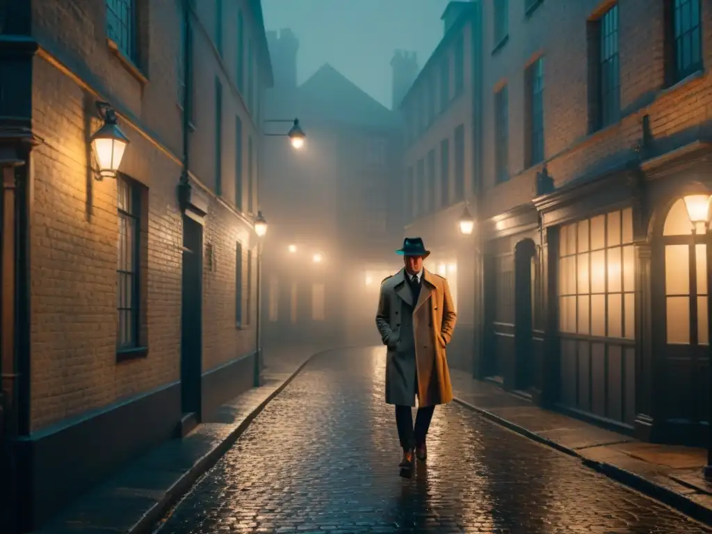 Un callejón sombrío con farola vintage iluminando el suelo empedrado mojado