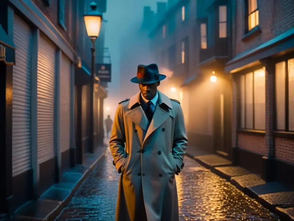 Un callejón sombrío con una figura en gabardina fumando bajo una farola, en un ambiente misterioso evocador de series de detectives