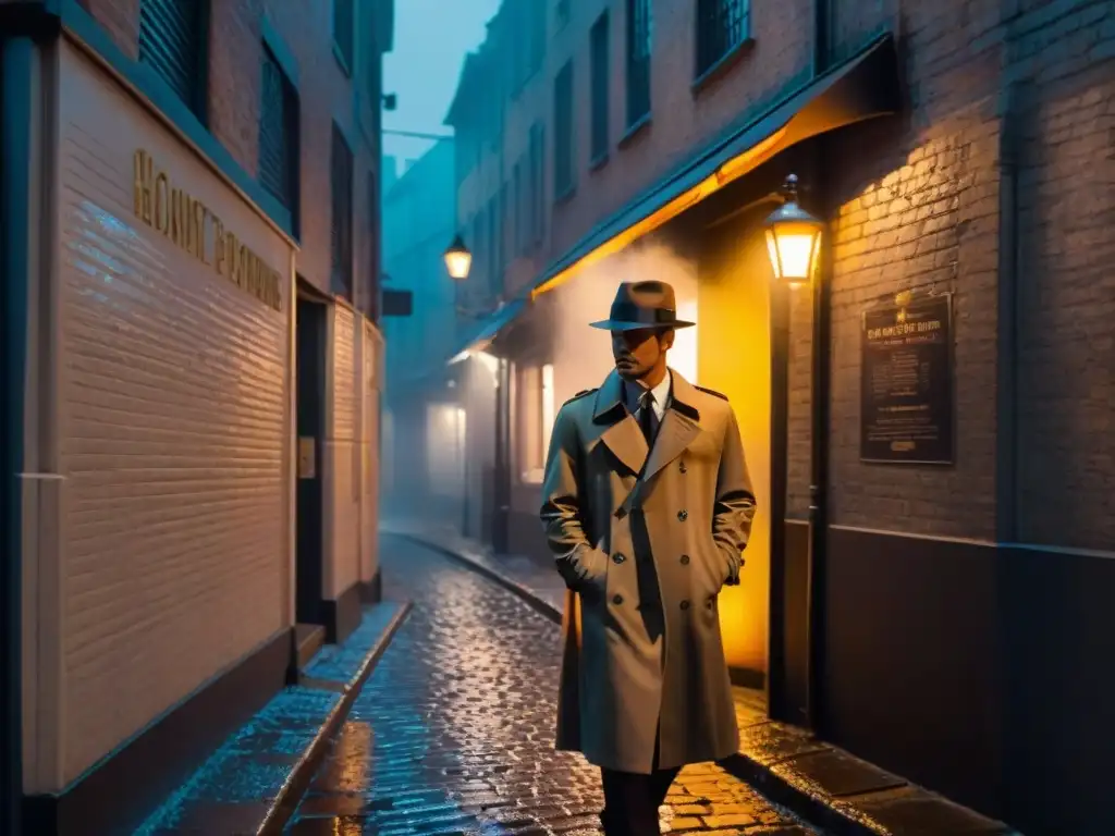 Un callejón sombrío con una figura misteriosa en un impermeable y sombrero, fumando bajo una farola titilante