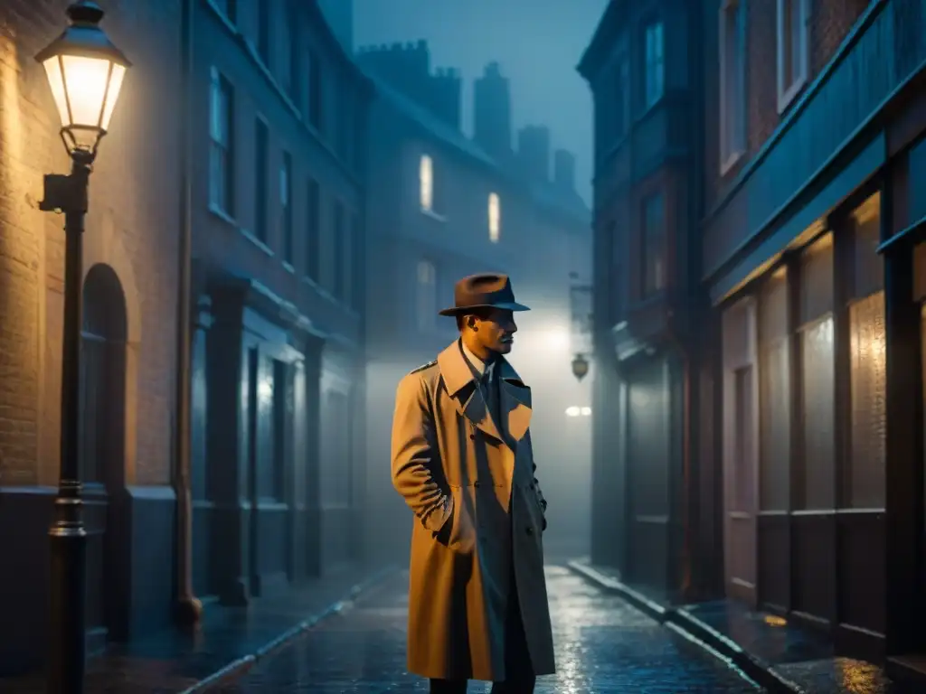 Un callejón sombrío con una figura misteriosa bajo una farola parpadeante, creando una atmósfera de intriga y suspenso