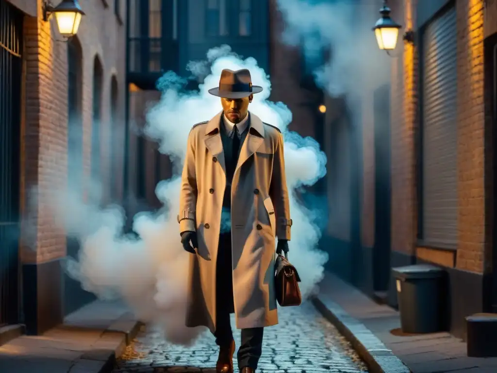 Un callejón sombrío con una figura misteriosa bajo la luz de una farola, humo y suspense