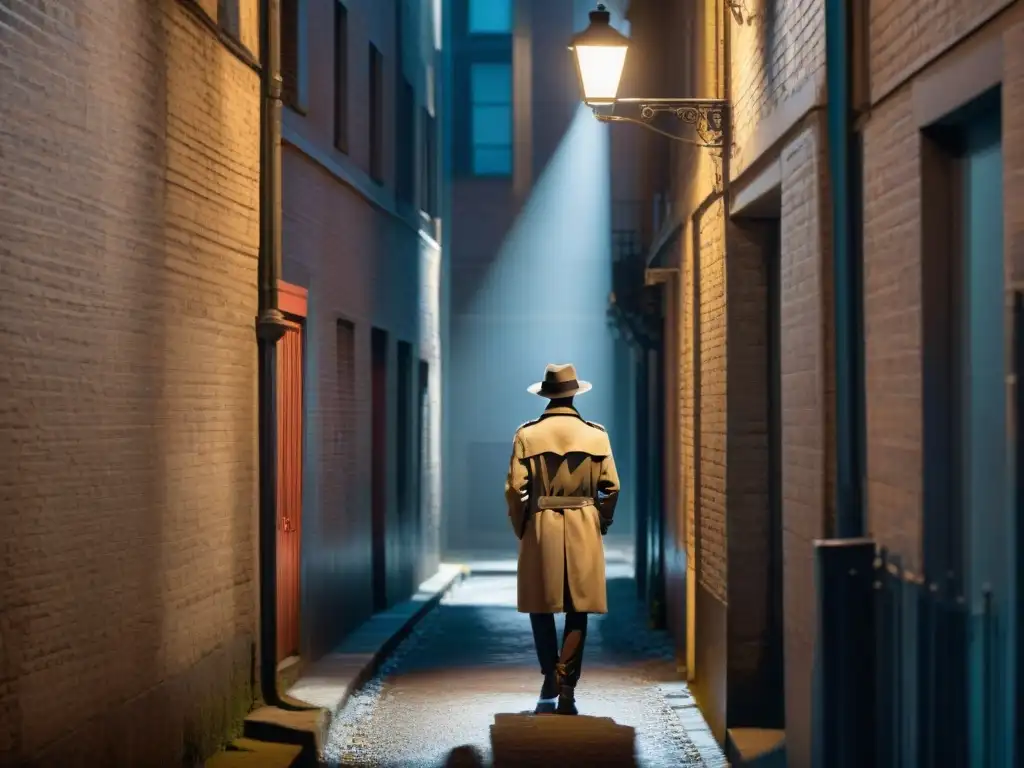 Un callejón sombrío con una figura misteriosa bajo una farola titilante