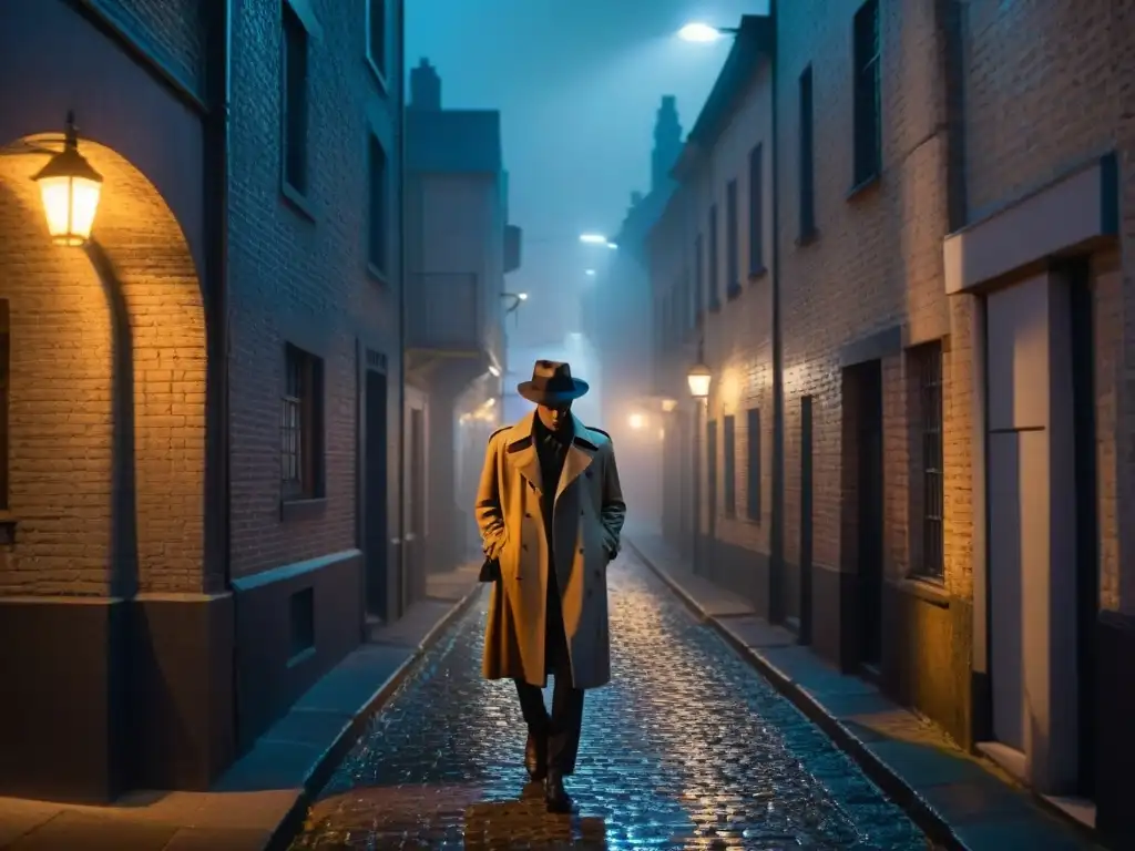 Un callejón sombrío con una figura misteriosa en gabardina y fedora, reflejos de ciudad lejana