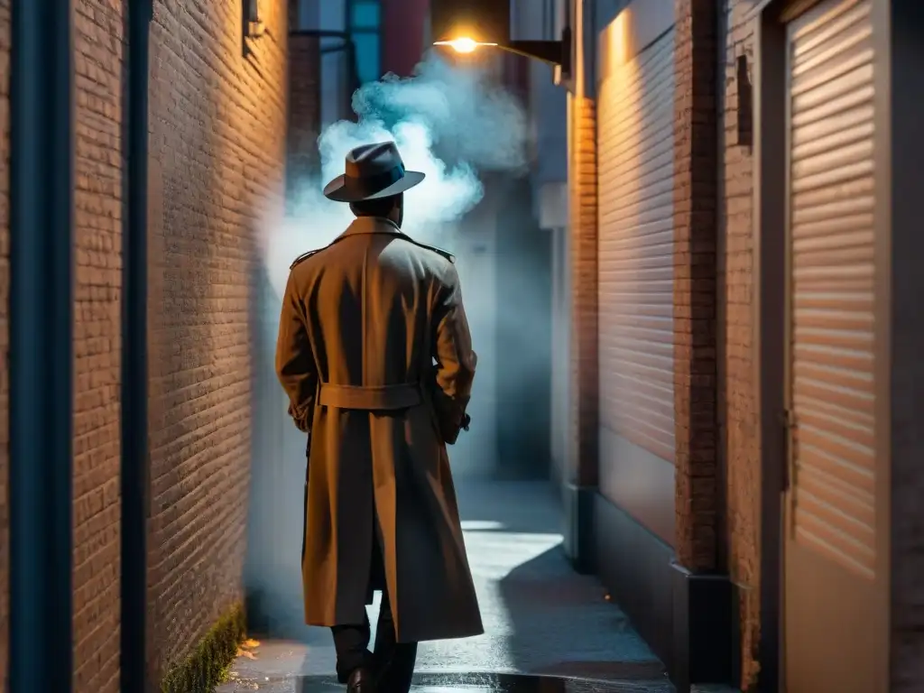 Un callejón sombrío con una figura misteriosa bajo la luz de la farola