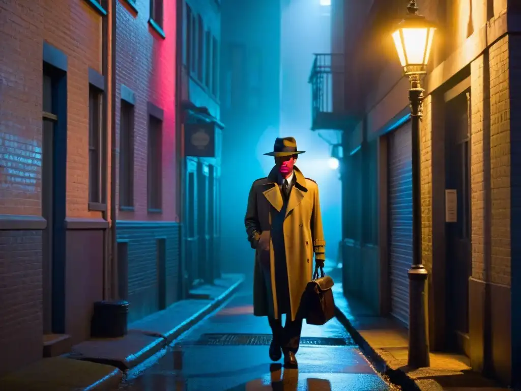 Un callejón sombrío con una figura en la penumbra, evocando historias de ciberdetectives en un escenario de Film Noir