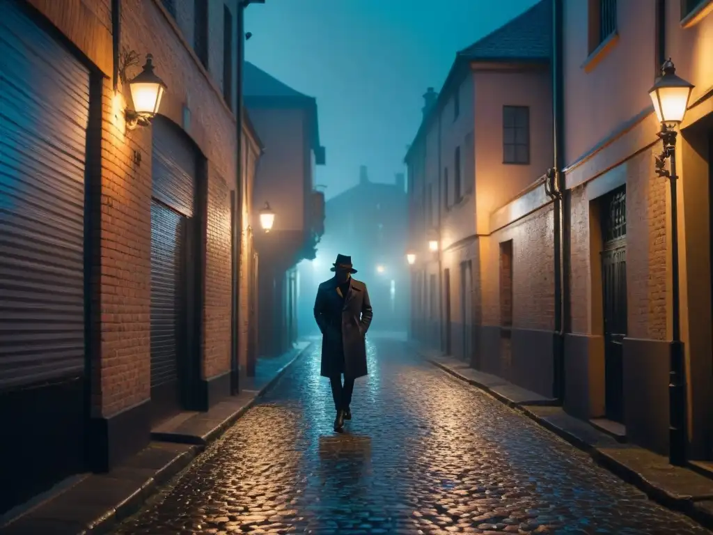 Un callejón sombrío con una figura solitaria entre las sombras, su silueta apenas visible