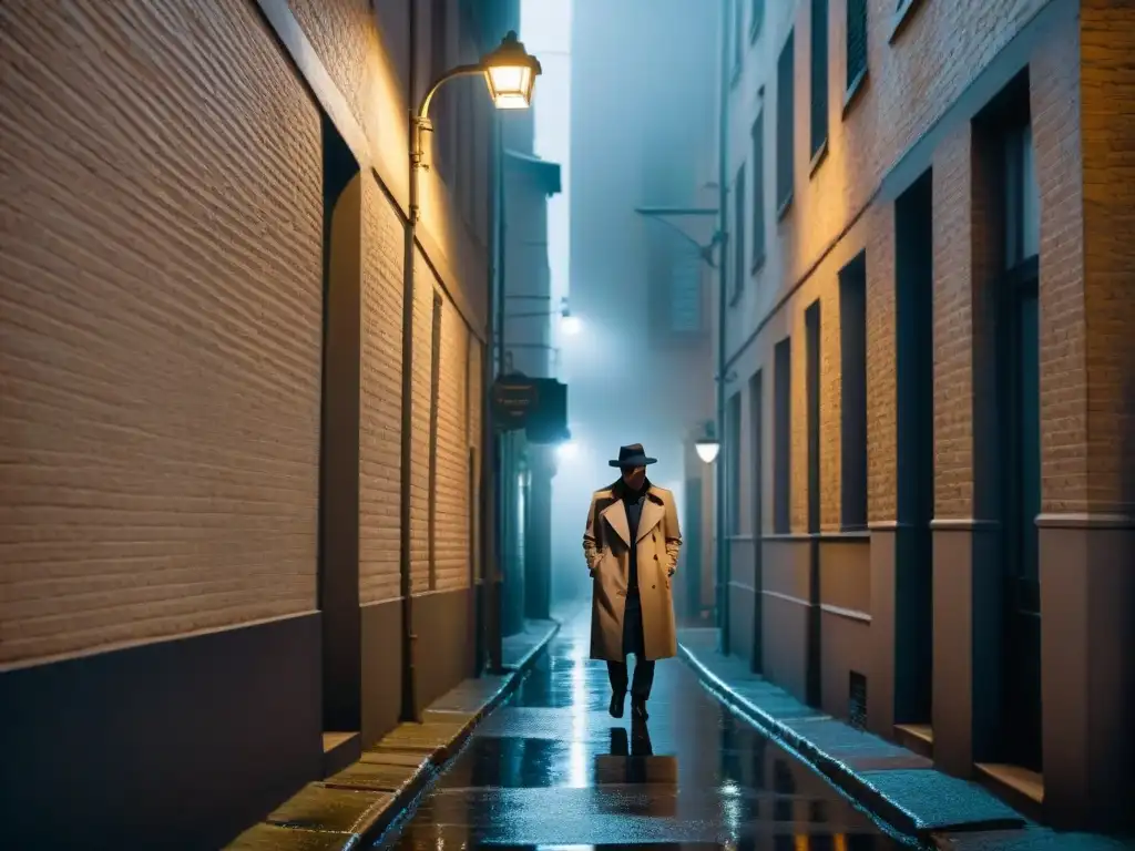 Un callejón sombrío con una figura solitaria bajo una farola titilante, evocando misterio y elegancia