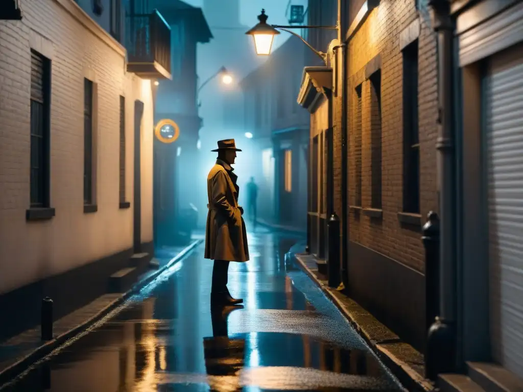 Un callejón sombrío, con figuras en blanco y negro bajo la luz titilante de una farola, evoca la revolución del género detectivesco en streaming