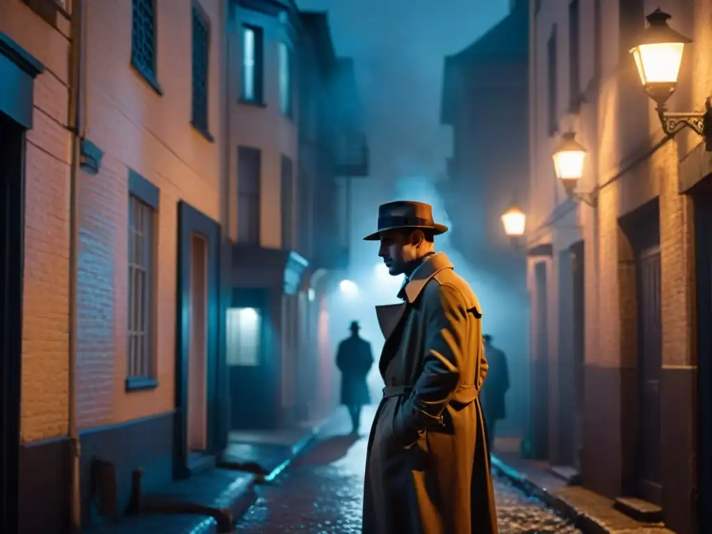 Un callejón sombrío con figuras en gabardinas y sombreros, iluminado por la luz de una farola parpadeante