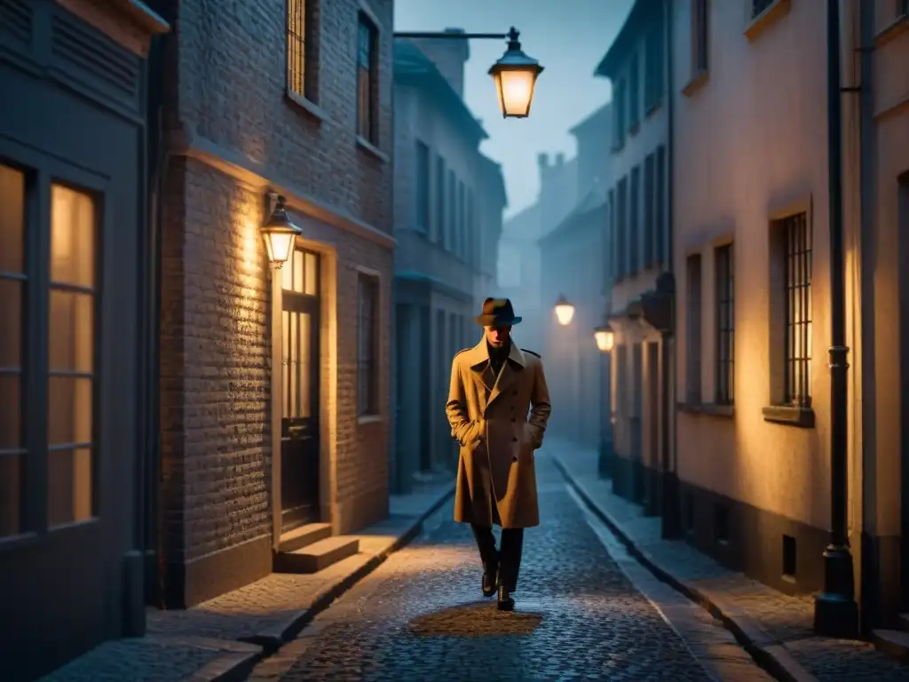 Un callejón sombrío con figuras misteriosas bajo una luz tenue, en la escena clásica de un Film Noir