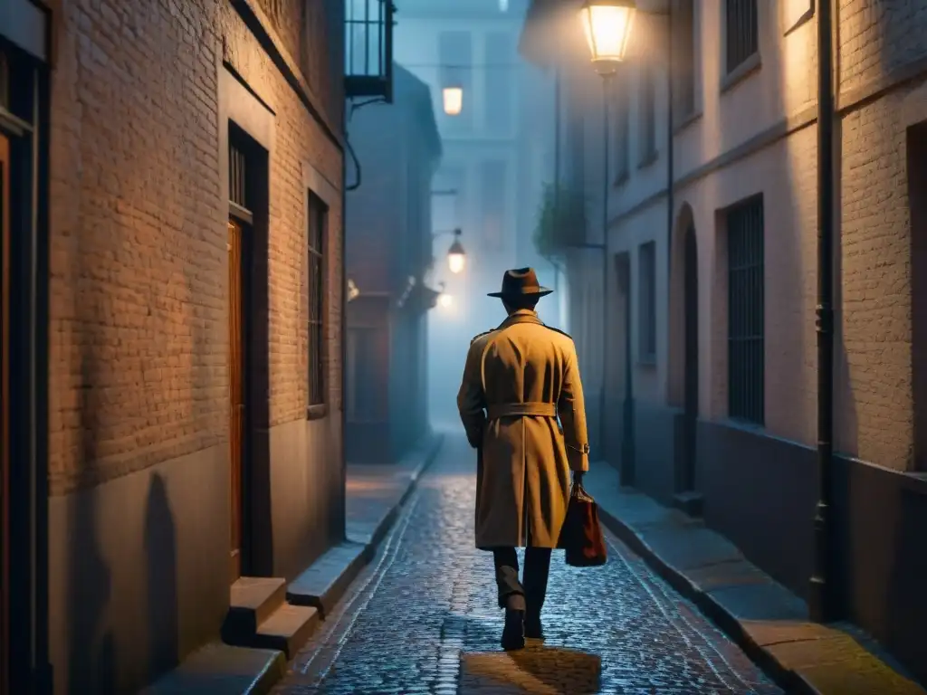 Un callejón sombrío con figuras en la niebla, un personaje en gabardina y fedora se acerca a una farola titilante