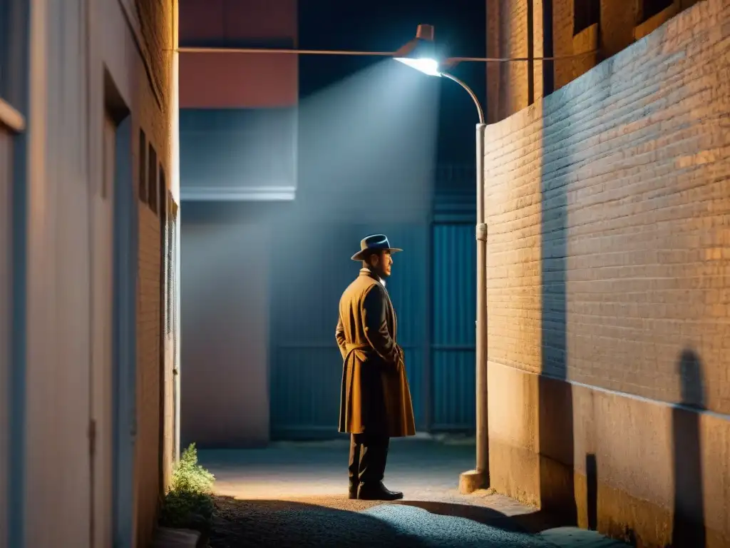 Un callejón sombrío con figuras en silueta bajo la luz de una farola titilante, evocando misterio y peligro