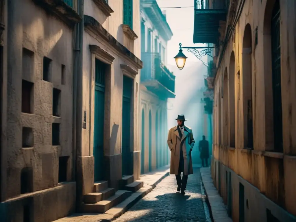 Un callejón sombrío en La Habana Vieja, con una figura misteriosa bajo la luz de una farola titilante