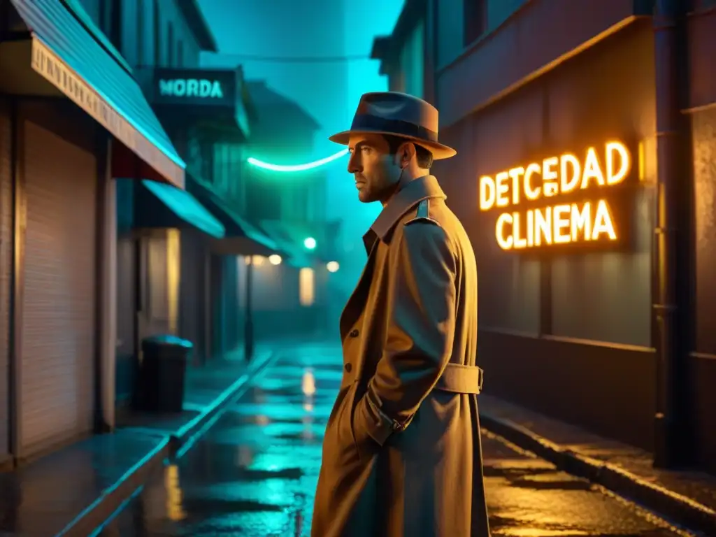 Un callejón sombrío y húmedo de noche, iluminado por una tenue luz de farola