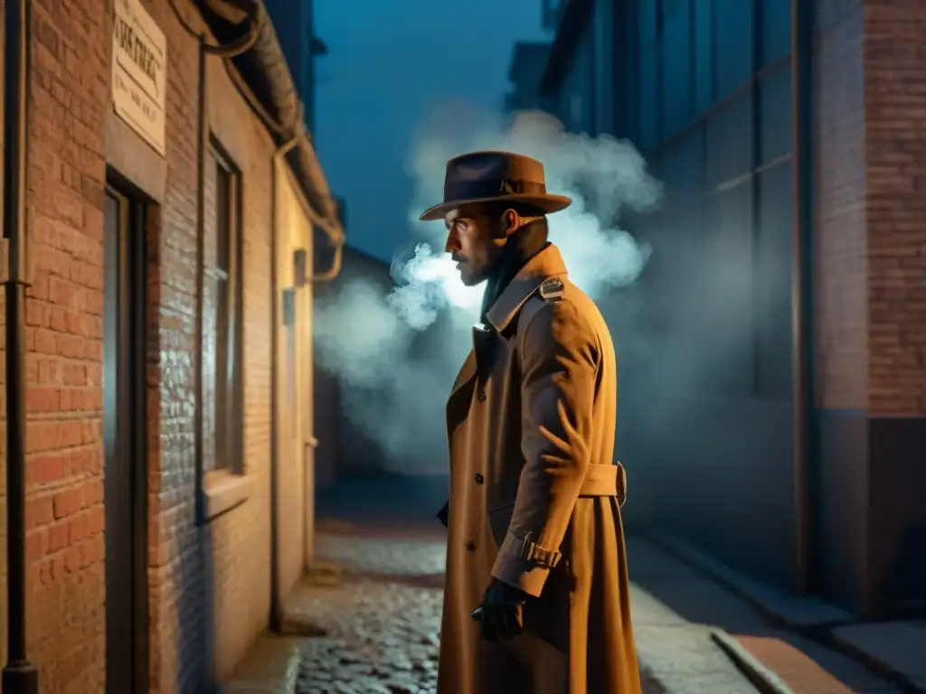 Un callejón sombrío iluminado por una farola titilante, donde un misterioso detective icónico del cine noir sostiene un revólver humeante