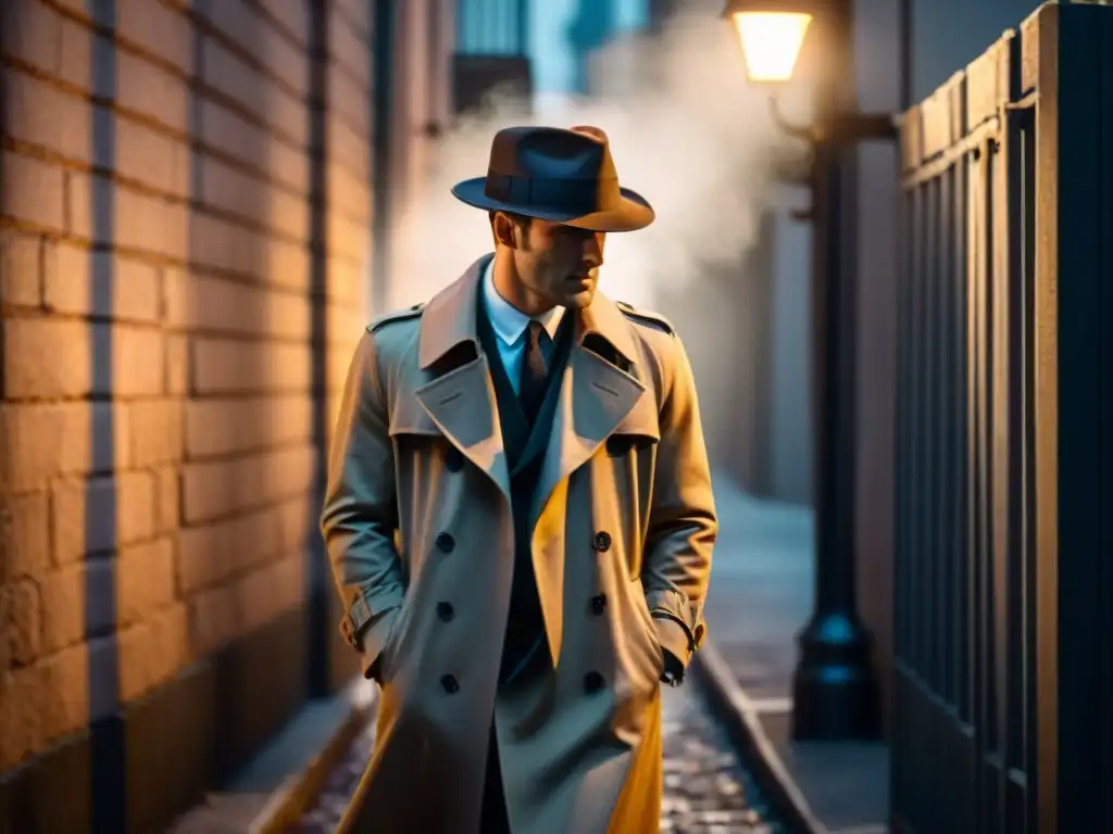 Un callejón sombrío iluminado por una farola titilante, con una figura misteriosa en gabardina y fedora