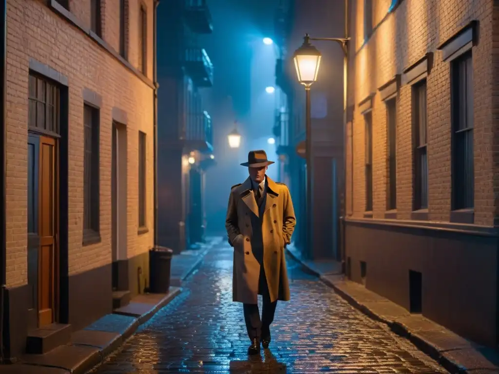 Un callejón sombrío iluminado por una farola, con un misterioso antagonista