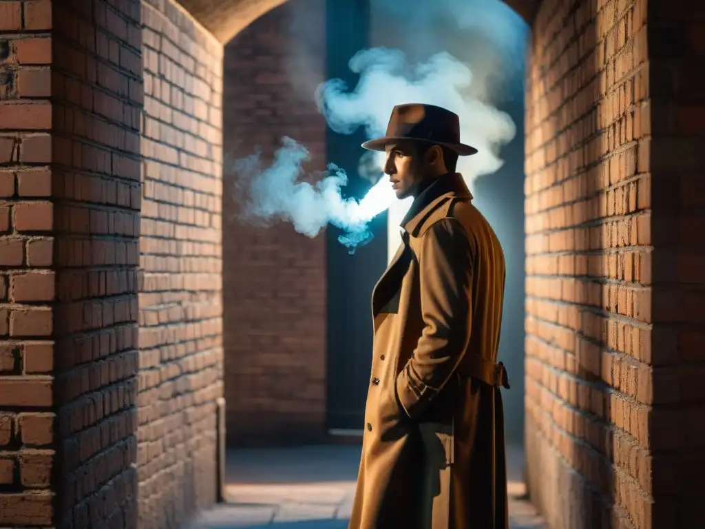 Un callejón sombrío iluminado por una farola titilante, donde un personaje con gabardina y sombrero fuma un cigarrillo y sostiene una lupa