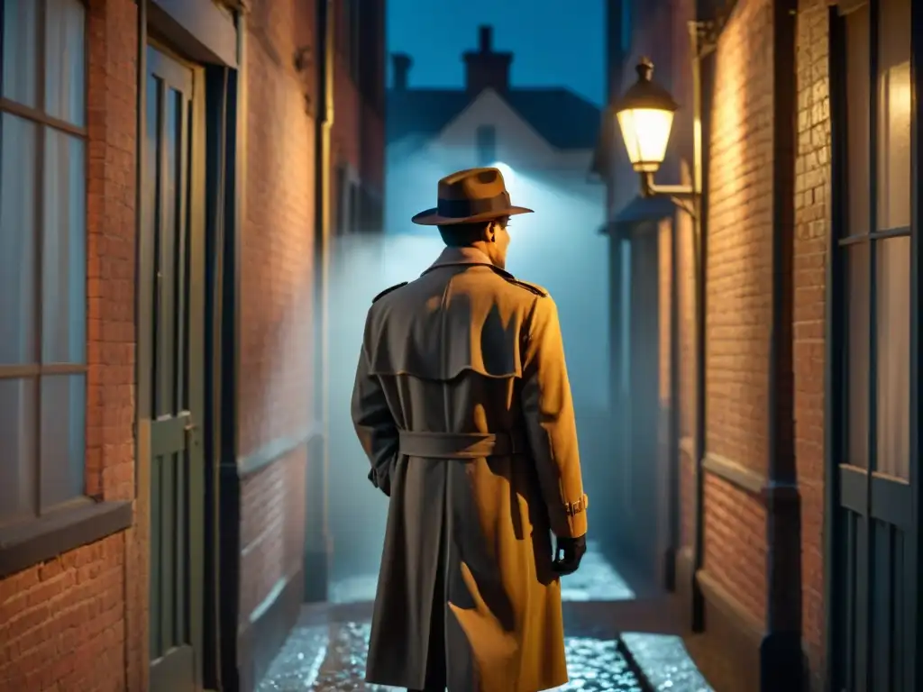 Un callejón sombrío iluminado por una farola, donde un misterioso detective en gabardina y sombrero fedora mira una ventana distante