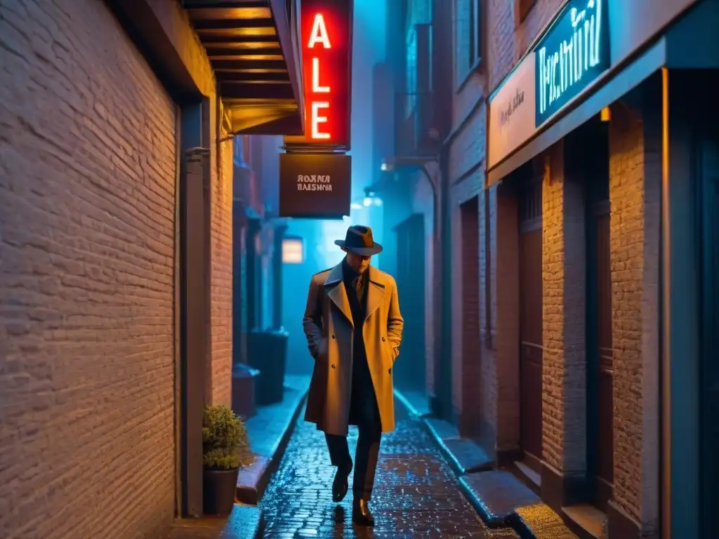 Un callejón sombrío iluminado por un letrero de neón, donde una figura con gabardina y sombrero de fedora fuma en la penumbra