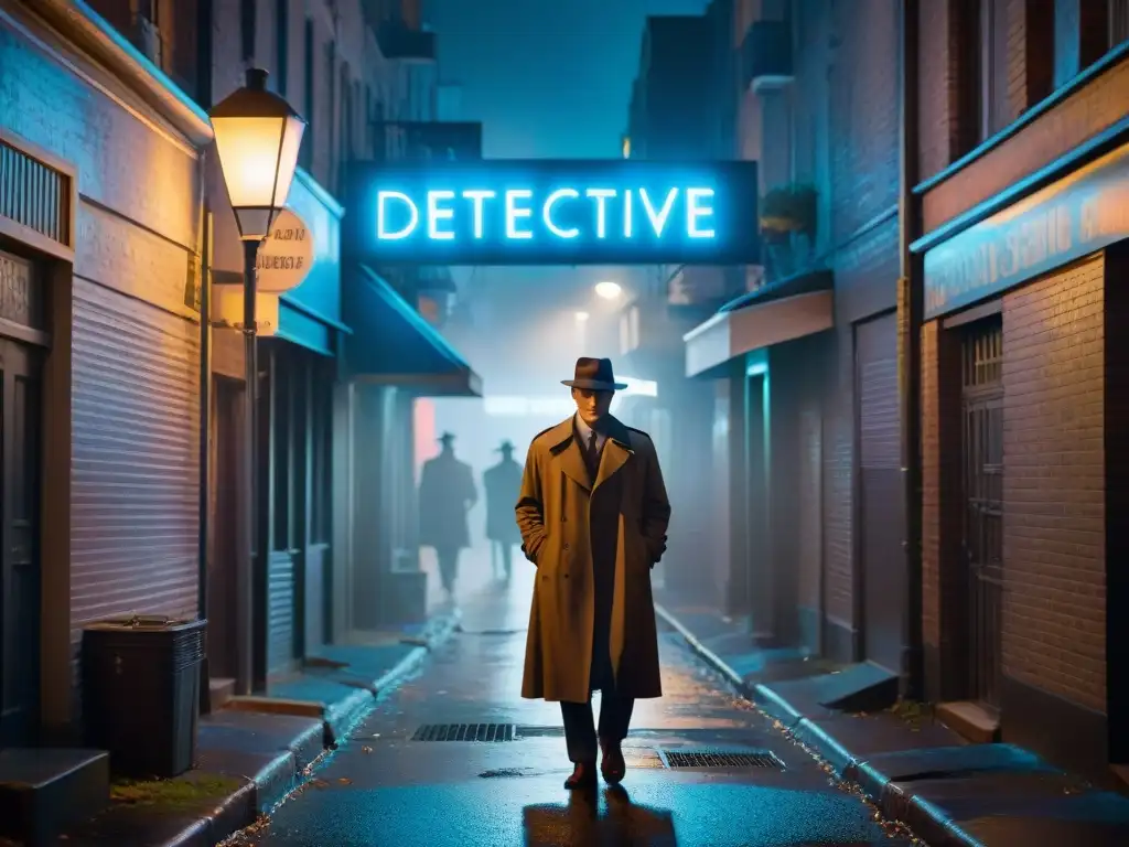 Un callejón sombrío iluminado por un letrero de neón 'Agencia de Detectives', evocando la atmósfera de Detectives de culto en cine