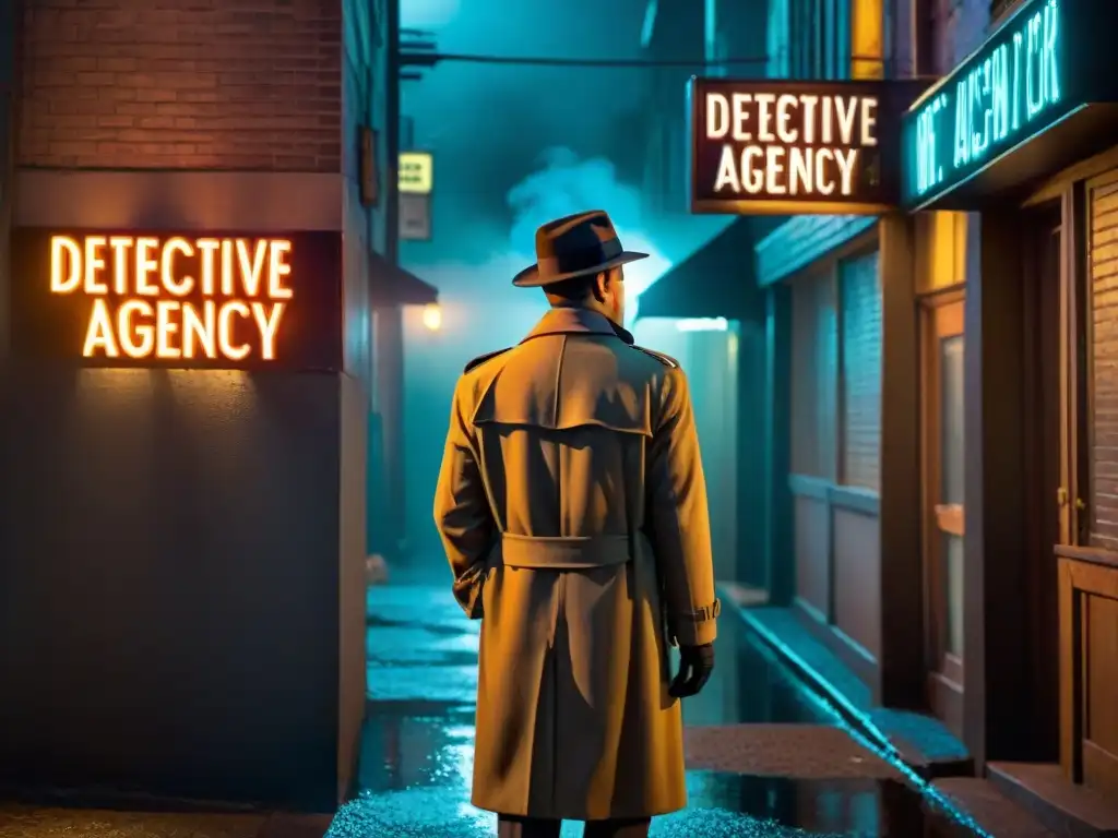 Alleyway misterioso con detective fumando bajo letrero de neon Un callejón sombrío iluminado por un letrero de neón que dice 'Detectives de cine y televisión'