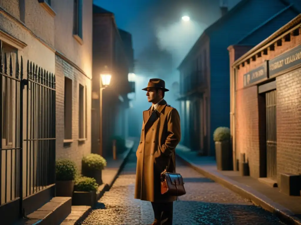 Noche misteriosa en callejón: ambiente Film Noir Un callejón sombrío iluminado por la luz de una farola titilante