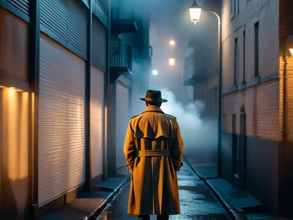 Un callejón sombrío iluminado por una sola farola parpadeante, con largas sombras en el pavimento empapado