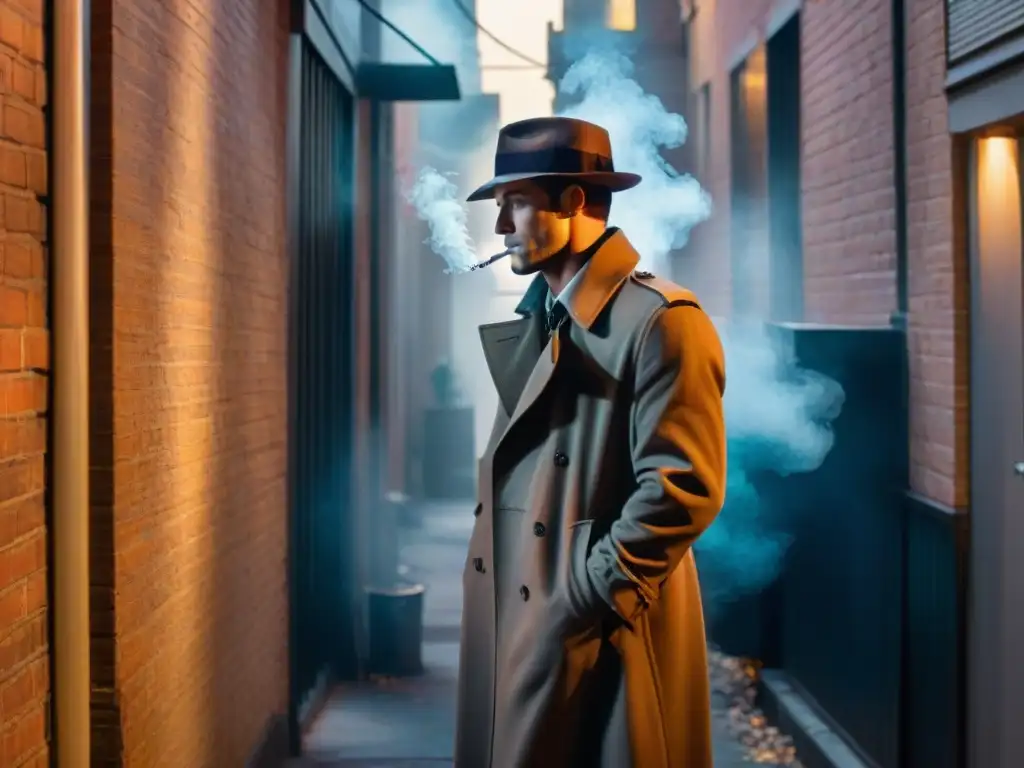 Figura misteriosa en callejón nocturno: intrigante escena Film Noir Un callejón sombrío iluminado por una sola farola parpadeante