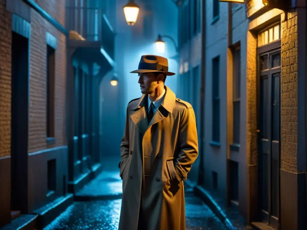 Un callejón sombrío con lluvia, el misterioso detective bajo un farol en un escenario noir evocando el método de investigación de Miss Marple