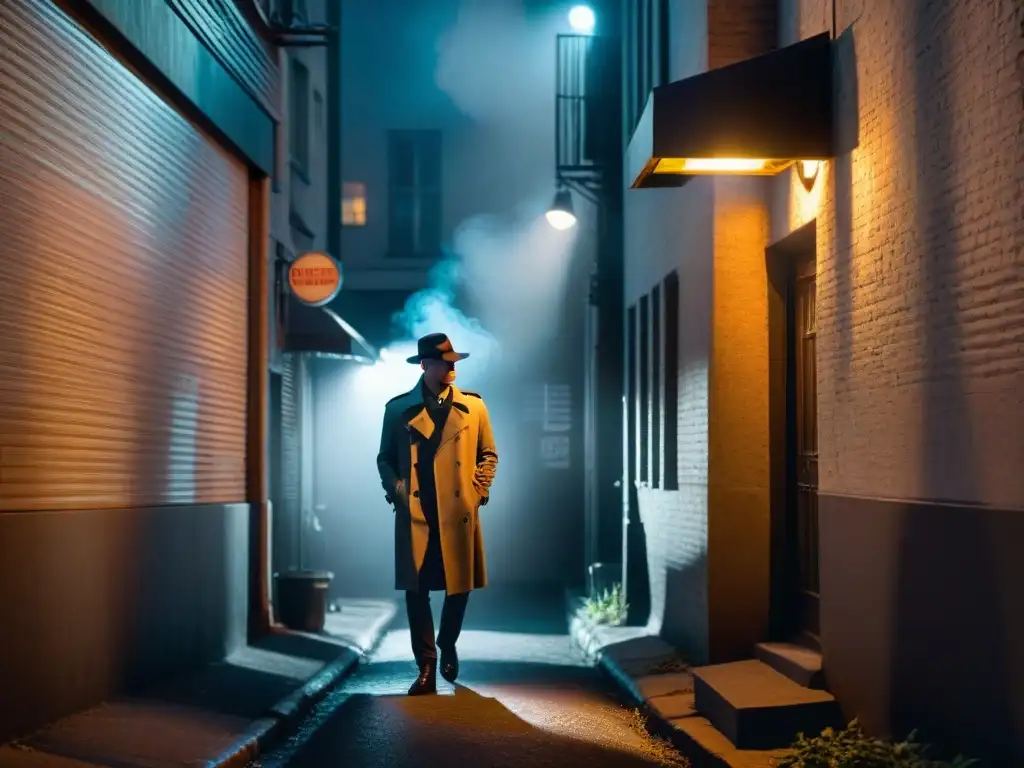 Un callejón sombrío con luces de farolas proyectando sombras largas