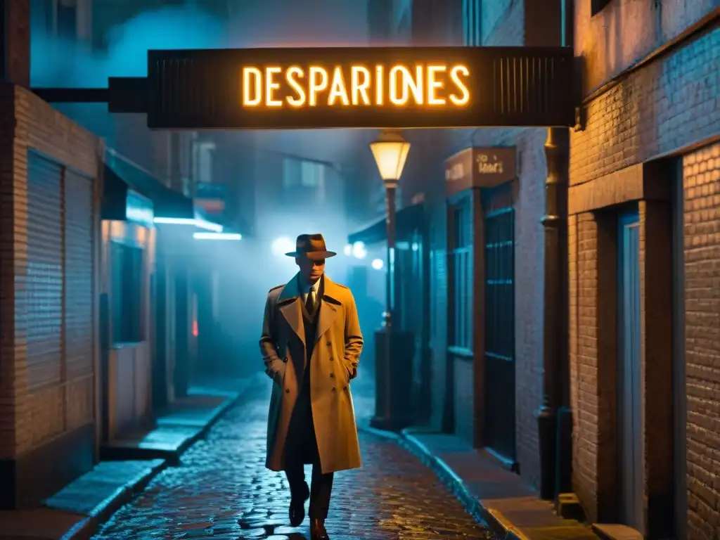 Intriga en callejón: detective misterioso bajo neon 'Desapariciones' Un callejón sombrío con luces y sombras, un detective en la penumbra bajo un letrero de neon 'Desapariciones'
