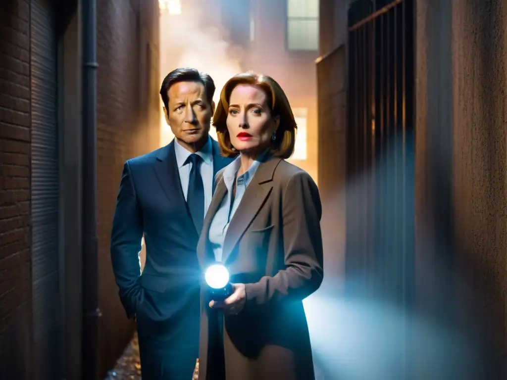 Mulder y Scully en un callejón sombrío bajo la luz de una farola