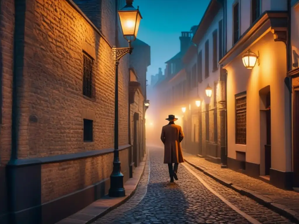 Un callejón sombrío a medianoche, con la luz de una farola creando largas sombras