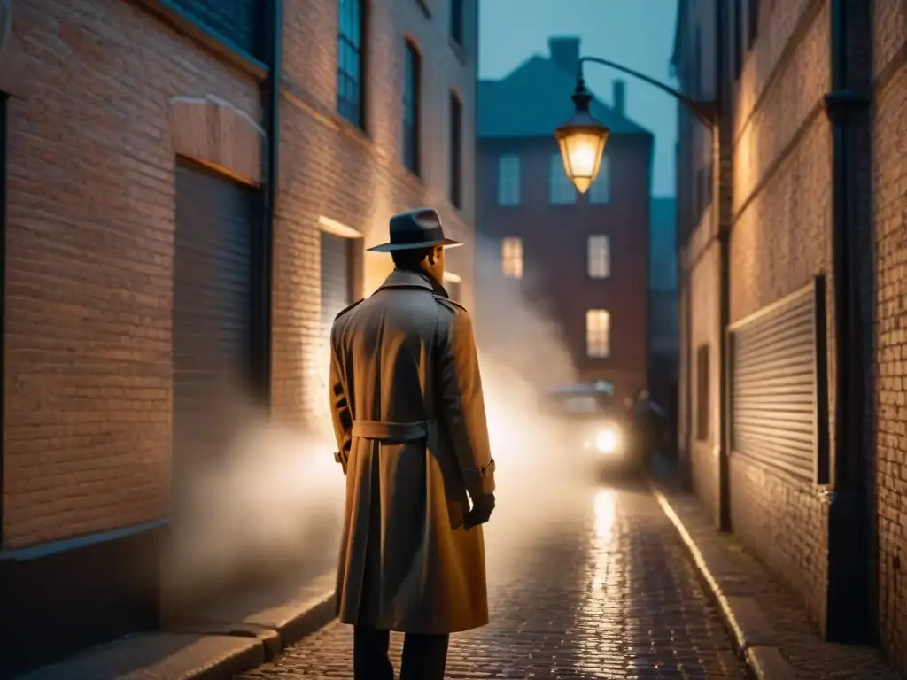 Un callejón sombrío, figura misteriosa bajo farola, auto vintage con luces brillantes