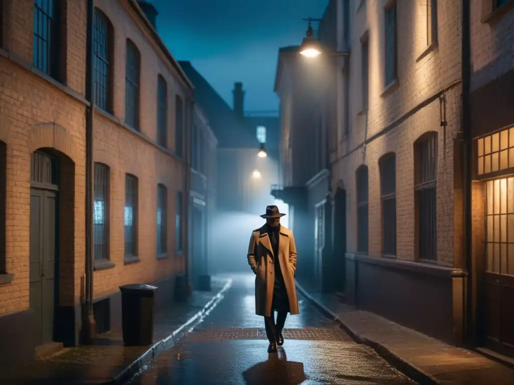 Alleyway misterioso: silueta en la noche urbana Un callejón sombrío con un misterioso detective bajo la luz de la farola