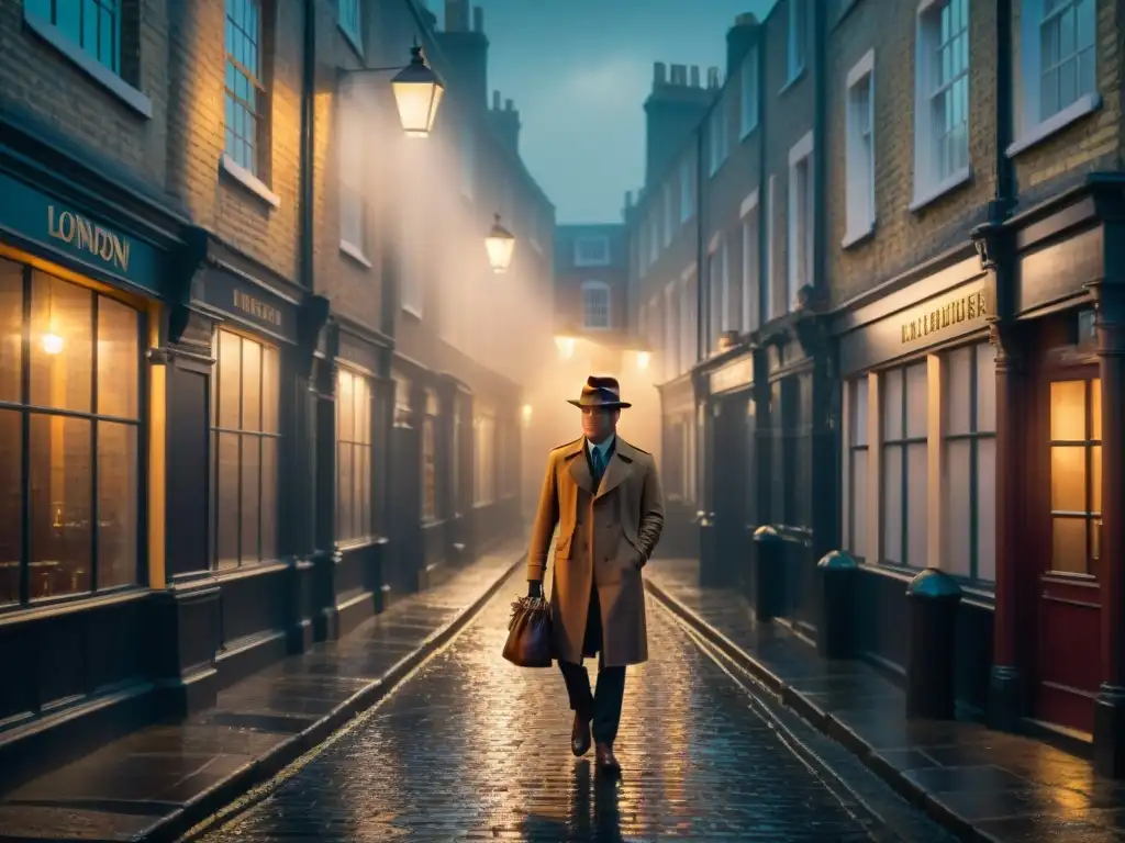 Un callejón sombrío en Londres con neblina, una figura misteriosa y un aire de suspense evocando detectives británicos en cine y televisión