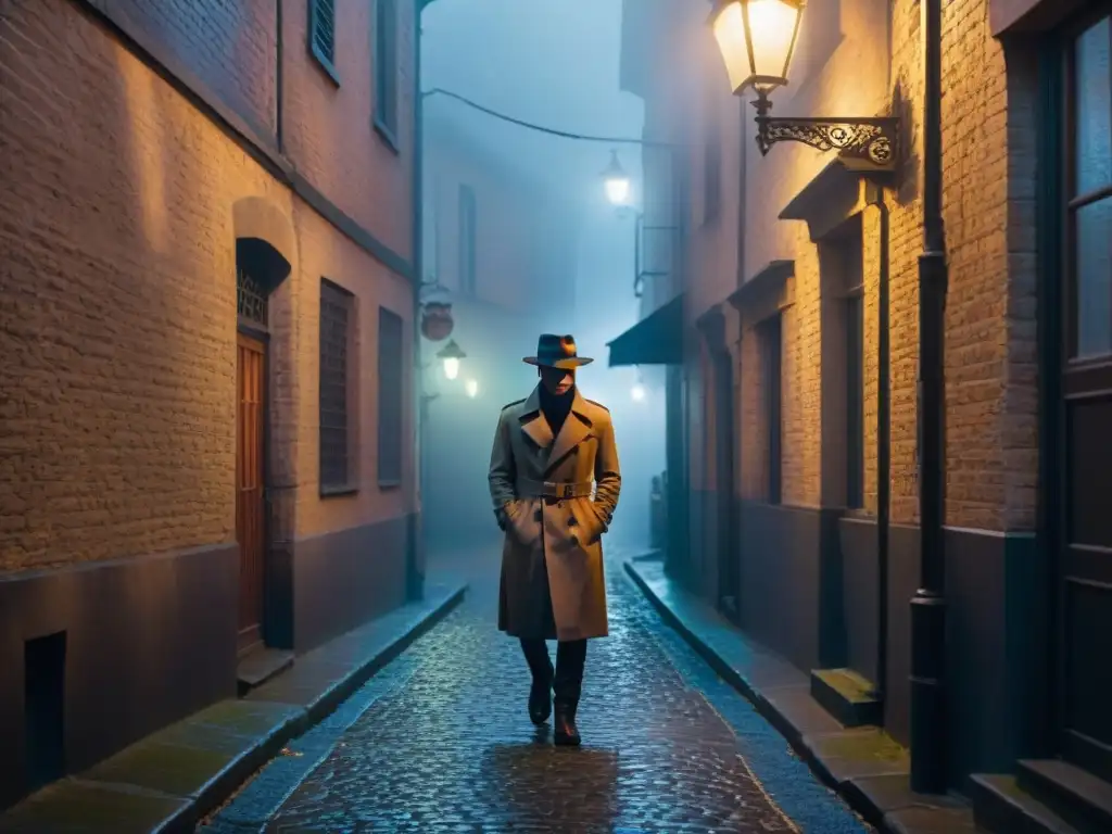 Un callejón sombrío con niebla espesa, sombras misteriosas y una figura solitaria bajo la luz de la farola