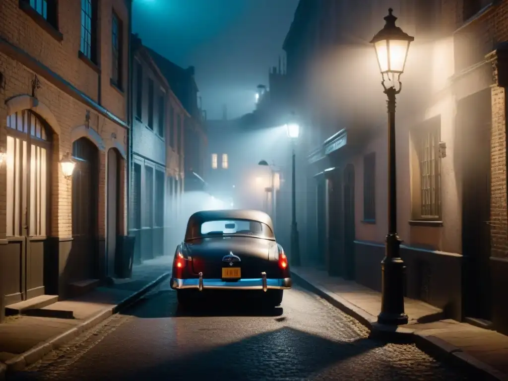 Un callejón sombrío de noche con un coche de detective vintage bajo una lámpara titilante