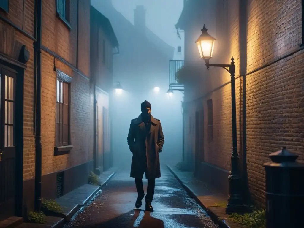 Un callejón sombrío de noche, envuelto en neblina, con una lámpara solitaria proyectando una luz inquietante