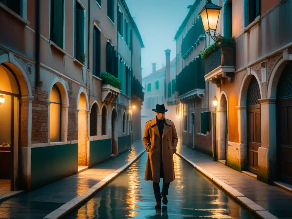 Un callejón sombrío en Venecia de noche, envuelto en niebla con la tenue luz de farolas proyectando largas sombras