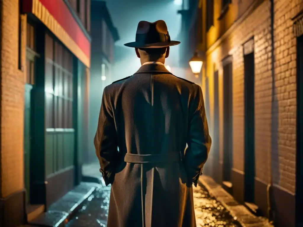 Un callejón sombrío de noche en un estilo noir clásico, iluminado por una sola farola titilante