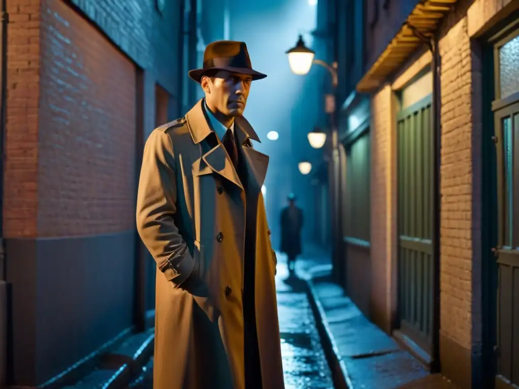 Un callejón sombrío de noche en estilo Film Noir con un detective bajo la luz de la farola