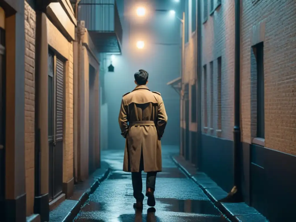 Noche misteriosa: figura solitaria en callejón oscuro estilo film noir Un callejón sombrío de noche al estilo film noir clásico para una adaptación de novelas de misterio