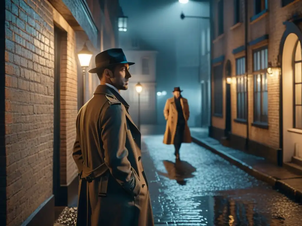 Un callejón sombrío de noche, con una farola vintage iluminando el suelo empedrado mojado